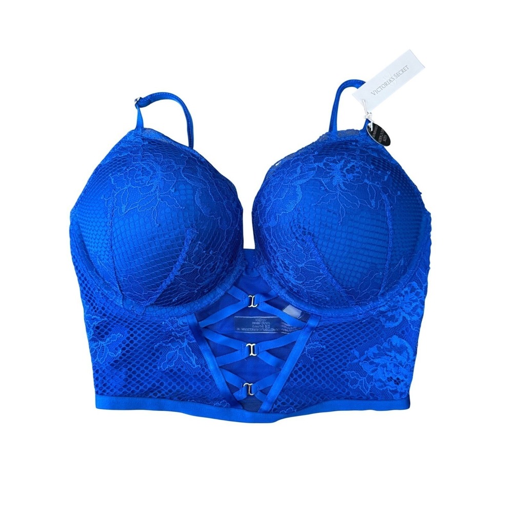 Victoria's Secret Bombshell Add-2-Cups Longline Bra 32D Royal Blue Lace Plunge